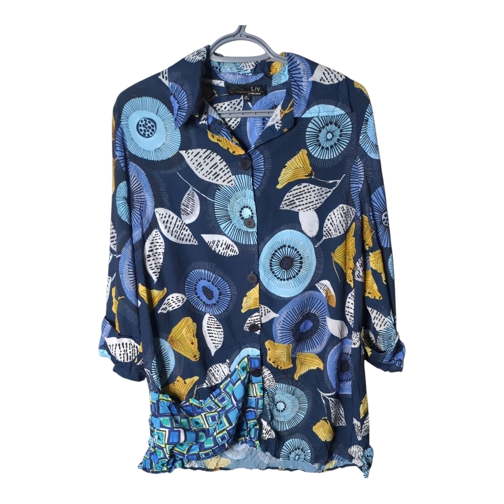 Liv by Habitat Floral Button Down Crinkle Blouse Contrast Pocket Size small